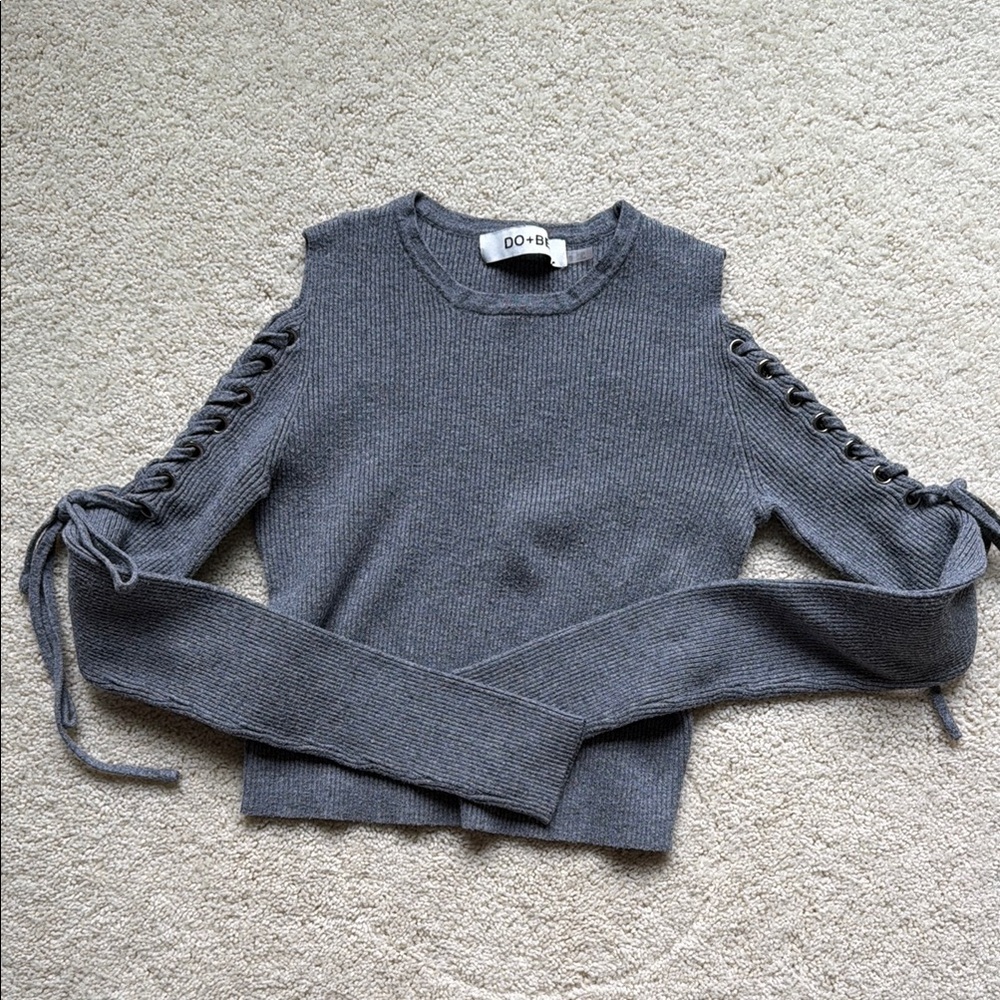 Do+Be Gray Lace-Up Cold Shoulder Sweater